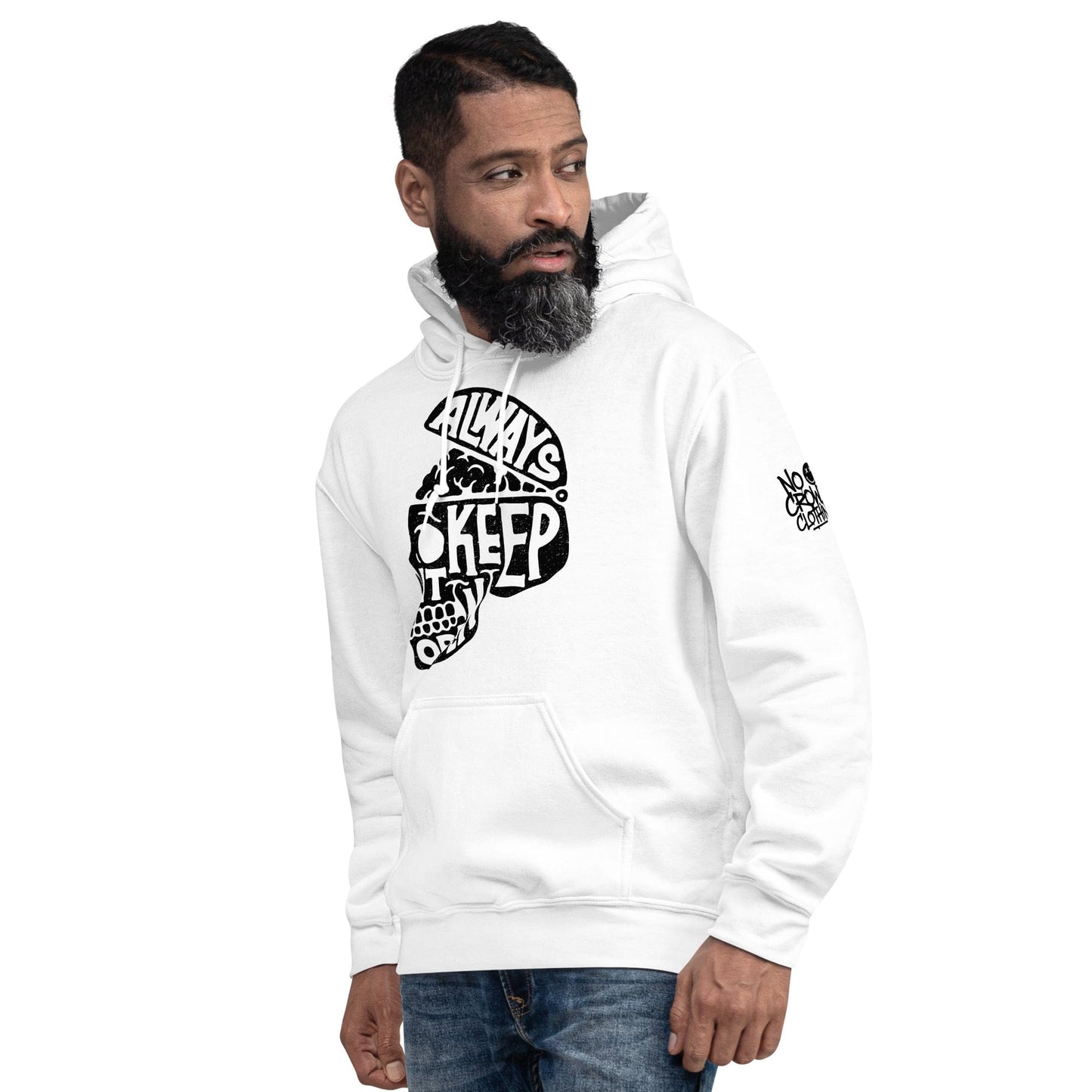 A cozy hoodie with "Always Keep It Open" text, designed for No Crowd Clothing, encouraging open-mindedness and comfort for those with social anxiety...side