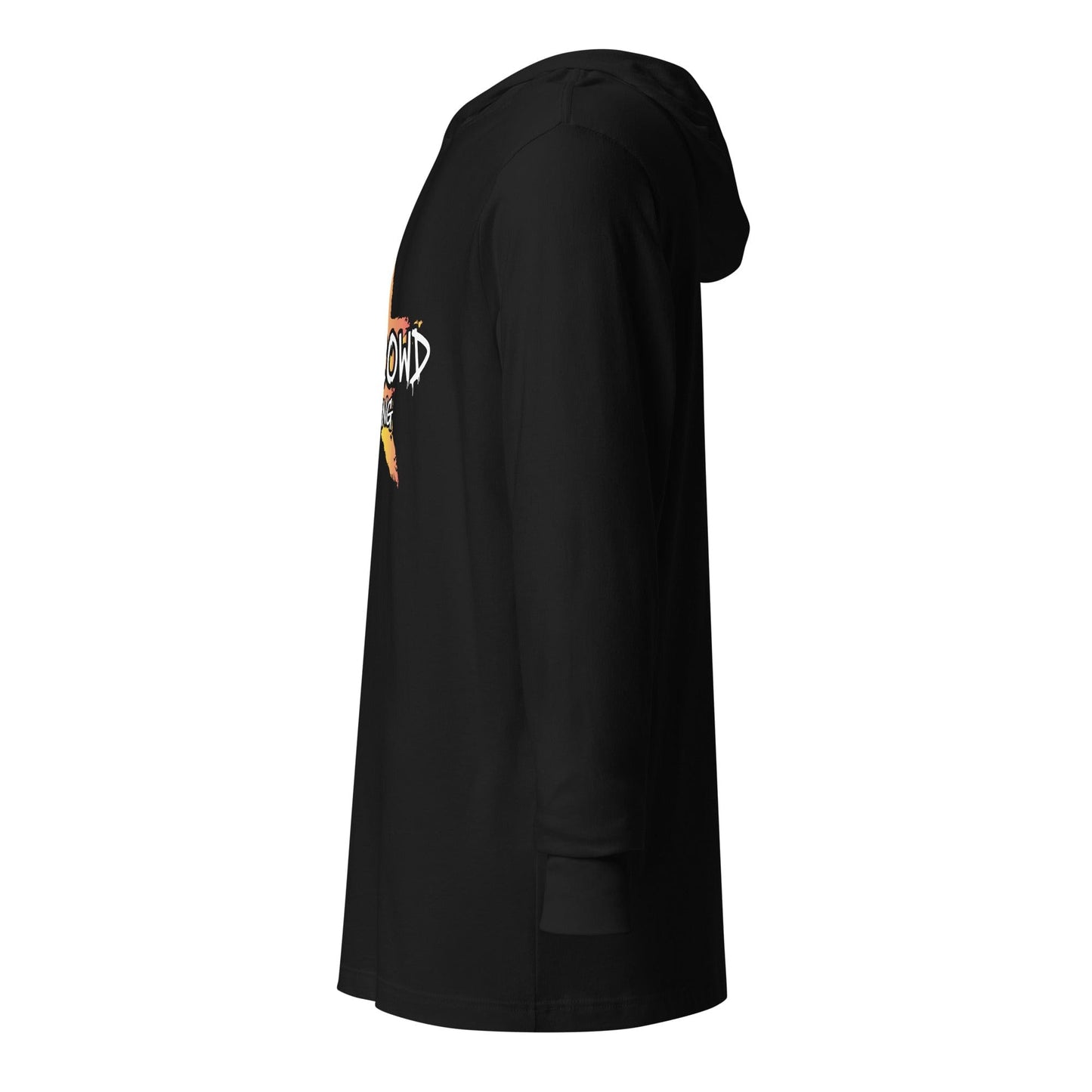 Black hooded long sleeve t-shirt featuring the No Crowd Clothing logo with a yellow and orange graffiti-style star and bold white text on the front...sleeve