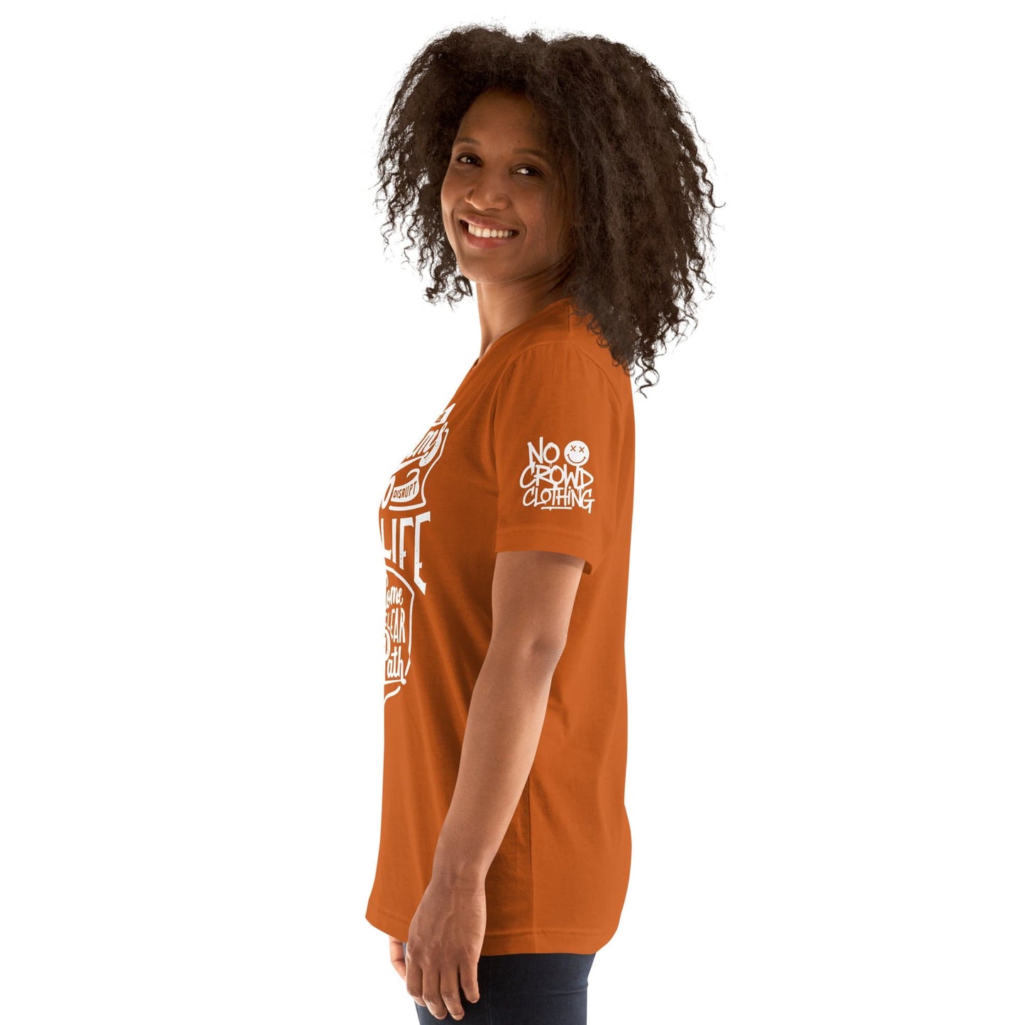Inspirational t-shirt design with hand-lettered text, "Not all storms come to disrupt your life; some come to clear your path," symbolizing resilience and growth....orange sleeve