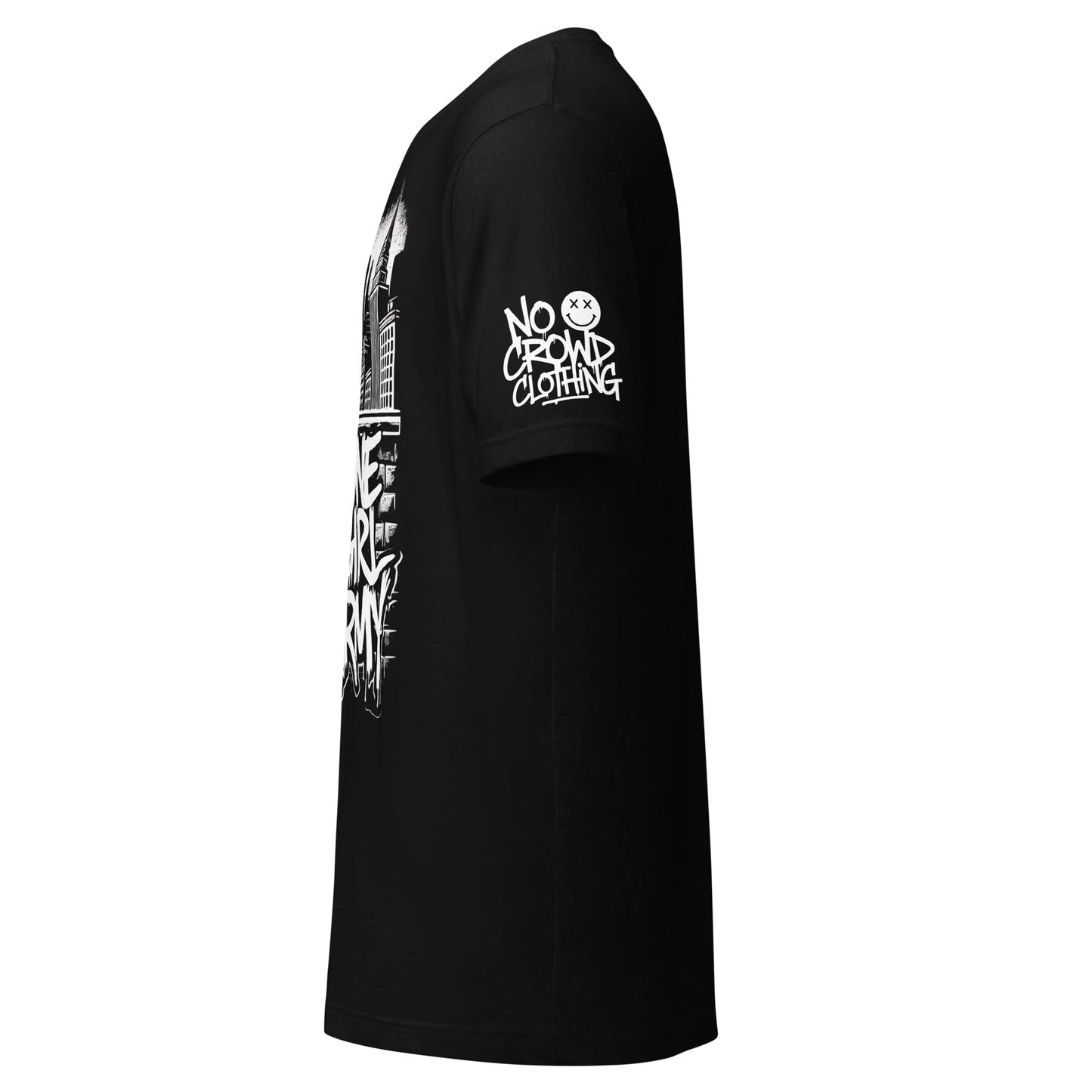 Streetwear-style illustration of a tough girl in a hoodie with 'No Crowd Clothing' logo, flipping the middle finger, with graffiti text 'One Girl Army' and city skyline in background...sleeve