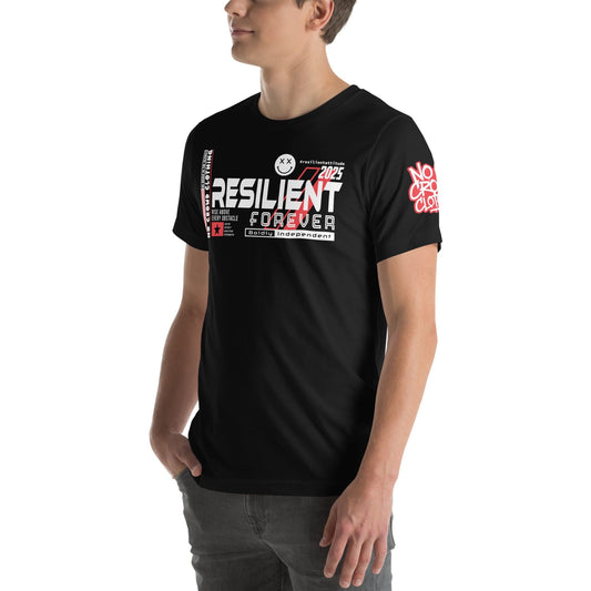Bold 'Resilient Attitude 2025' graphic t-shirt with strong typography, red accents, and motivational phrases promoting strength and positivity...model black shirt