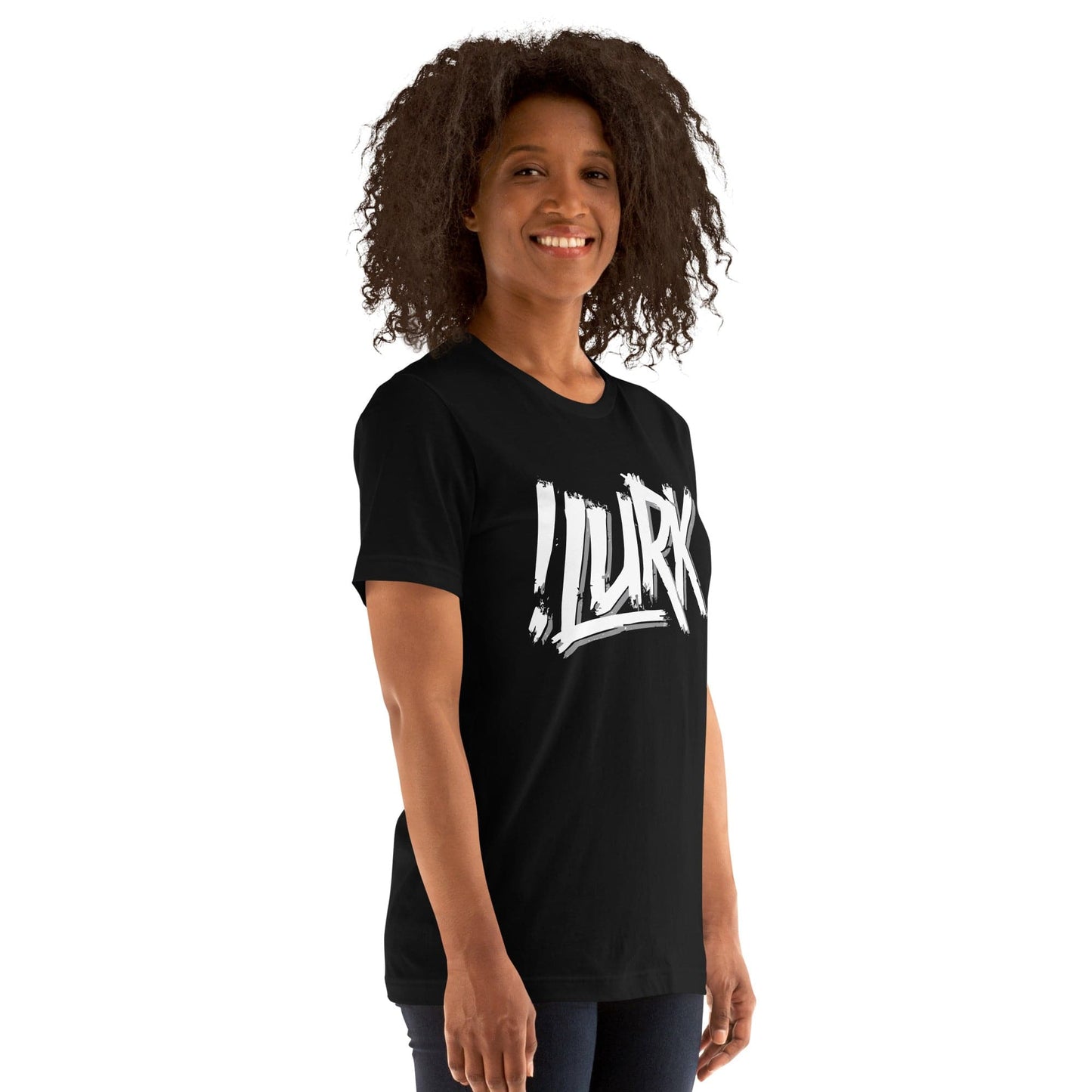 A black t-shirt featuring the bold text "!LURK" in edgy typography, designed for introverts and those who prefer a low-key, stylish look....right