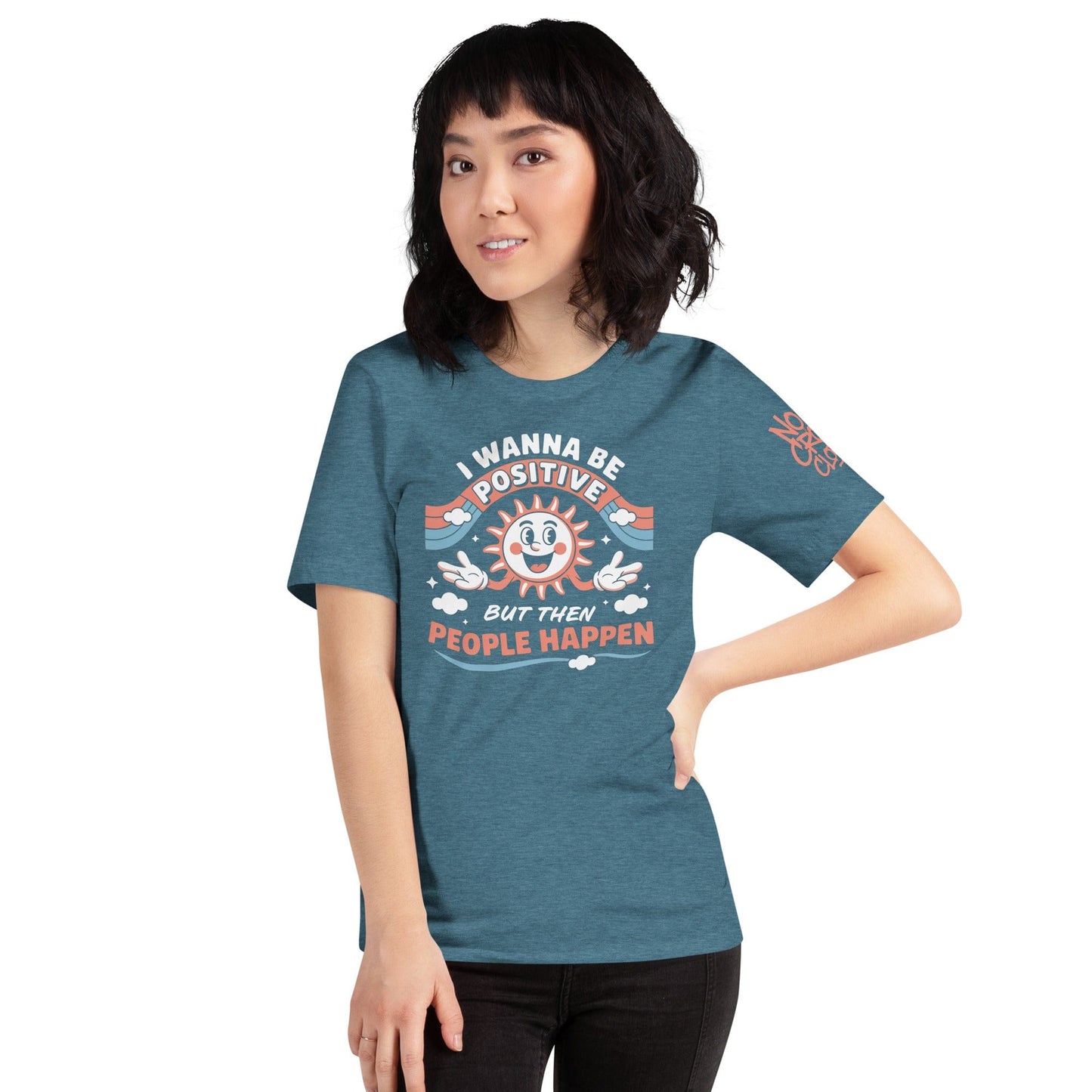 Blue t-shirt with a retro smiling sun design and the funny phrase “I Wanna Be Positive But Then People Happen,” featuring vintage-style colors and clouds...model