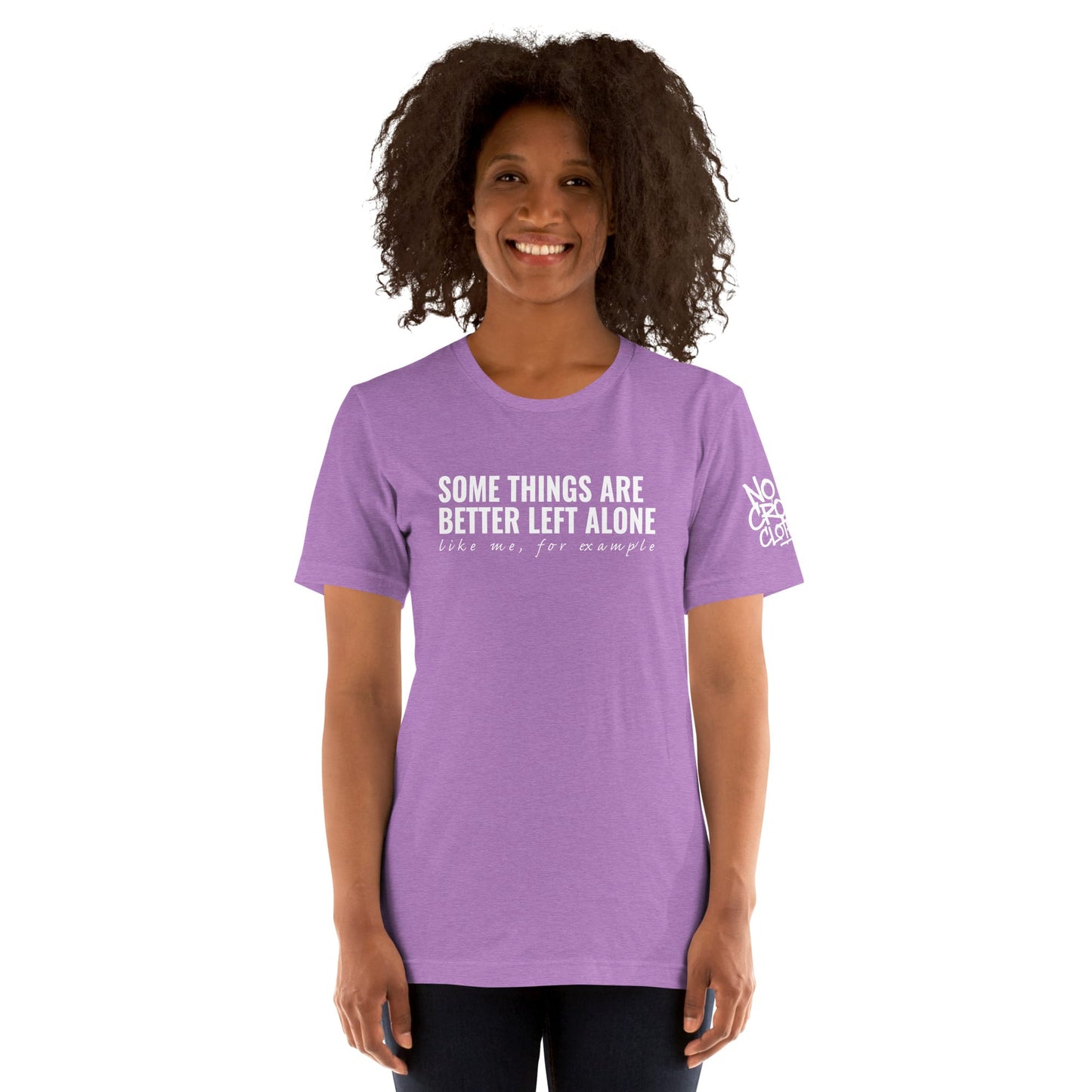 Funny introvert graphic t-shirt for social anxiety with “Some things are better left alone” design...purple model