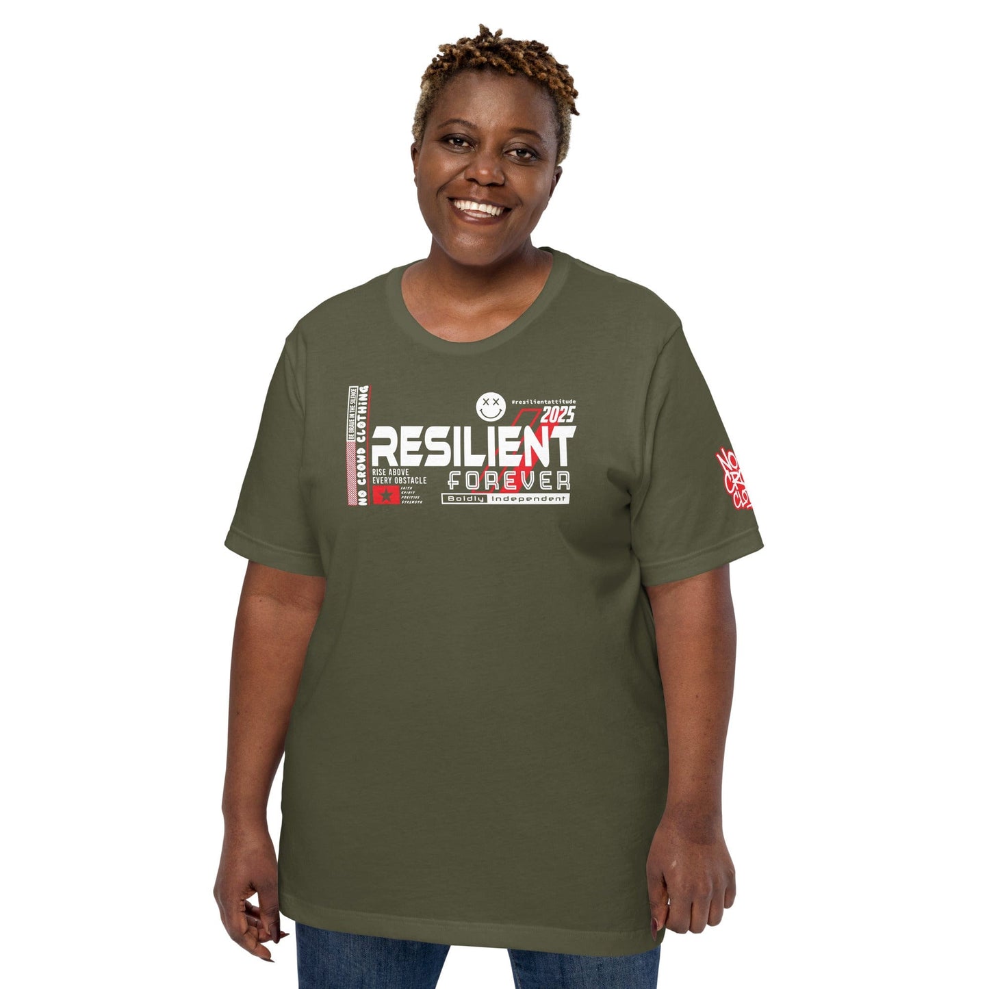 Bold 'Resilient Attitude 2025' graphic t-shirt with strong typography, red accents, and motivational phrases promoting strength and positivity...model green shirt