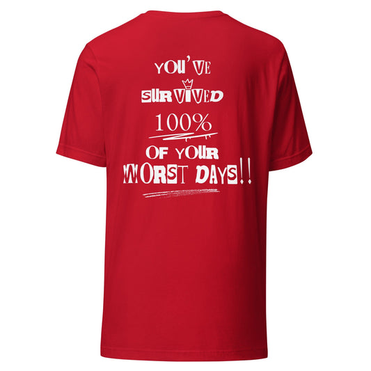 Model wearing bold statement tee about strength and survival...red back