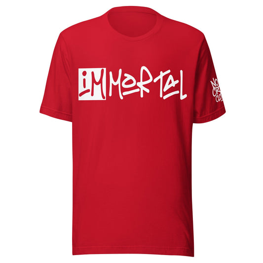 Streetwear graphic with 'I'm Mortal' handwritten in edgy font....red front