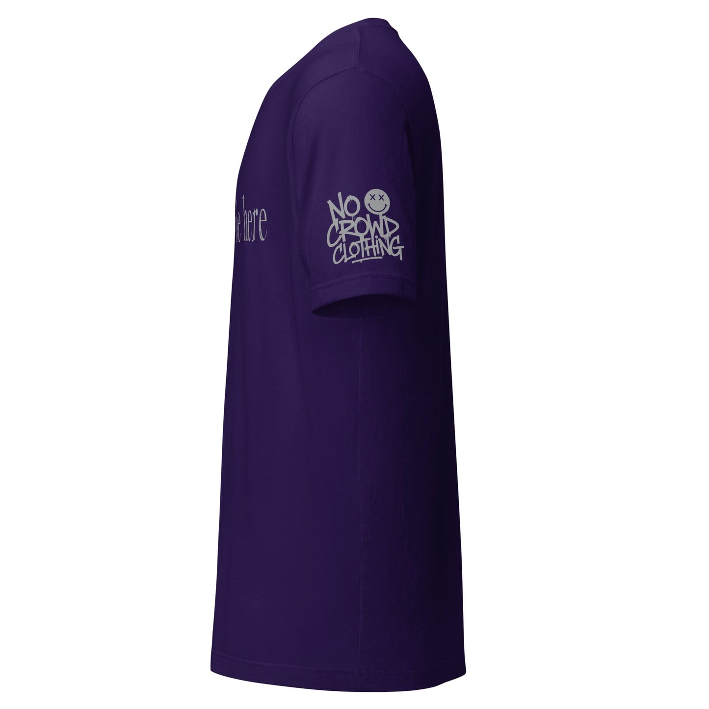 t shirt with “I didn’t ask to be here” text minimalist introvert clothing design...purple sleeve