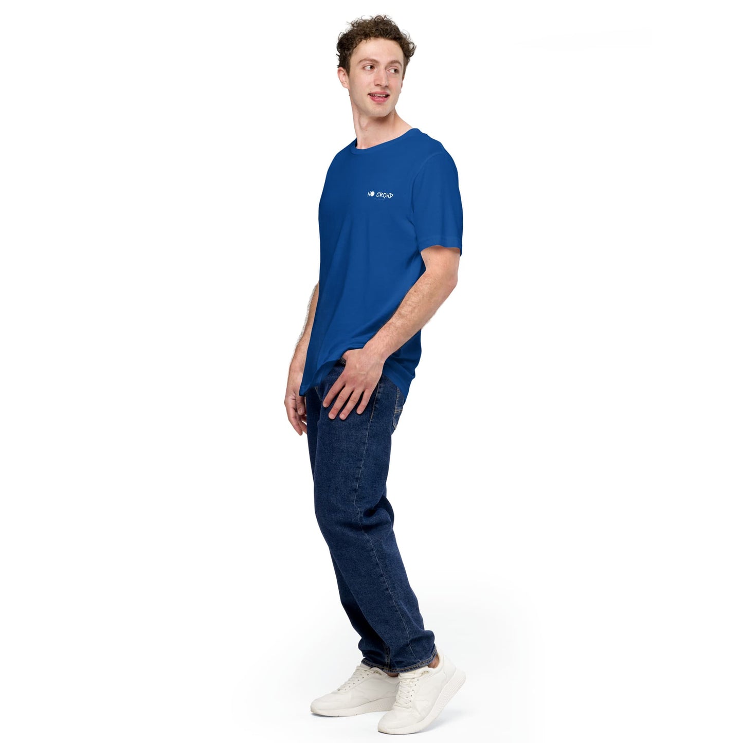 Model wearing the Quiet Mode minimalist introvert T-shirt....blue