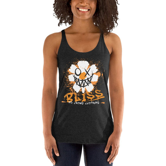 BLISS women's tank top by No Crowd Clothing featuring a grunge-style flower with a sinister smile and graffiti text...model front