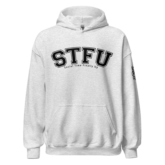 STFU introvert hoodie by No Crowd Clothing with bold varsity lettering and Social Time Finally Up slogan...front