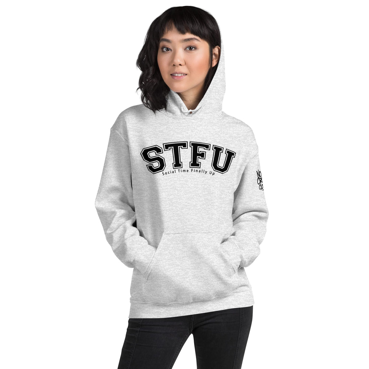 STFU introvert hoodie by No Crowd Clothing with bold varsity lettering and Social Time Finally Up slogan...female model
