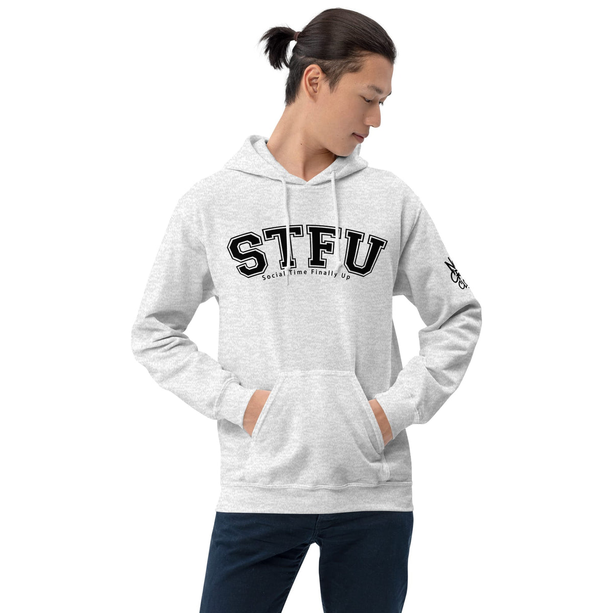 STFU introvert hoodie by No Crowd Clothing with bold varsity lettering and Social Time Finally Up slogan...male