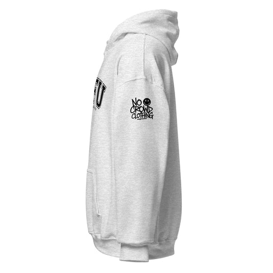 STFU introvert hoodie by No Crowd Clothing with bold varsity lettering and Social Time Finally Up slogan...sleeve