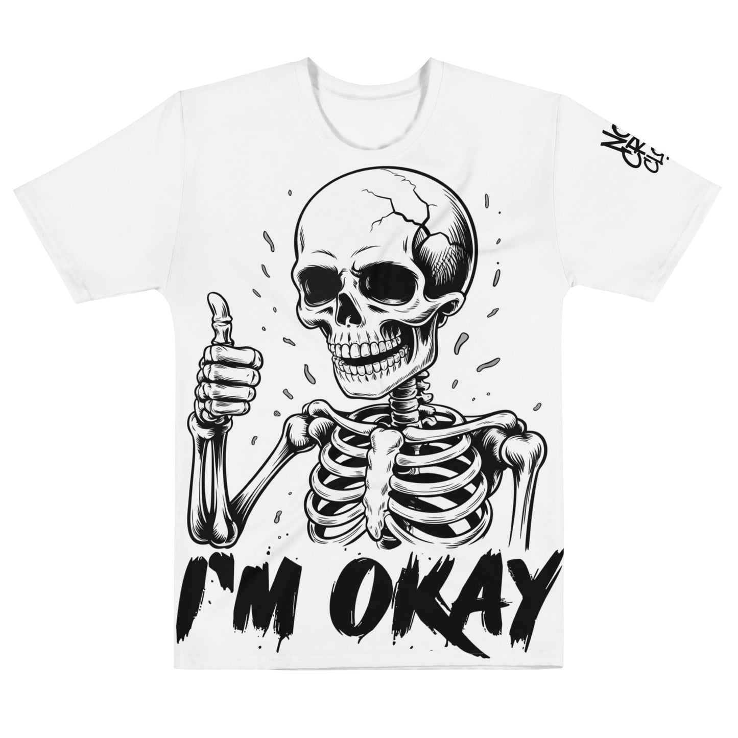 Skeleton graphic with thumbs up and “I’m Okay” text on an introvert dark humor t-shirt