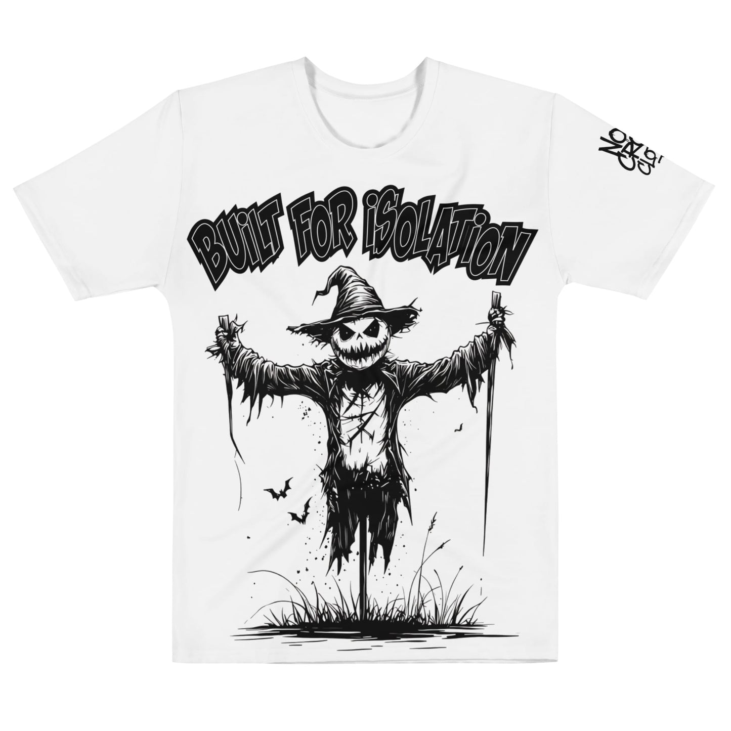 Built for Isolation black and white scarecrow graphic tee by No Crowd Clothing for introverts, loners, and social anxiety streetwear fans....front