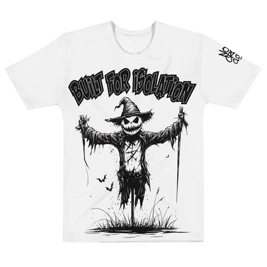 Built for Isolation black and white scarecrow graphic tee by No Crowd Clothing for introverts, loners, and social anxiety streetwear fans....front