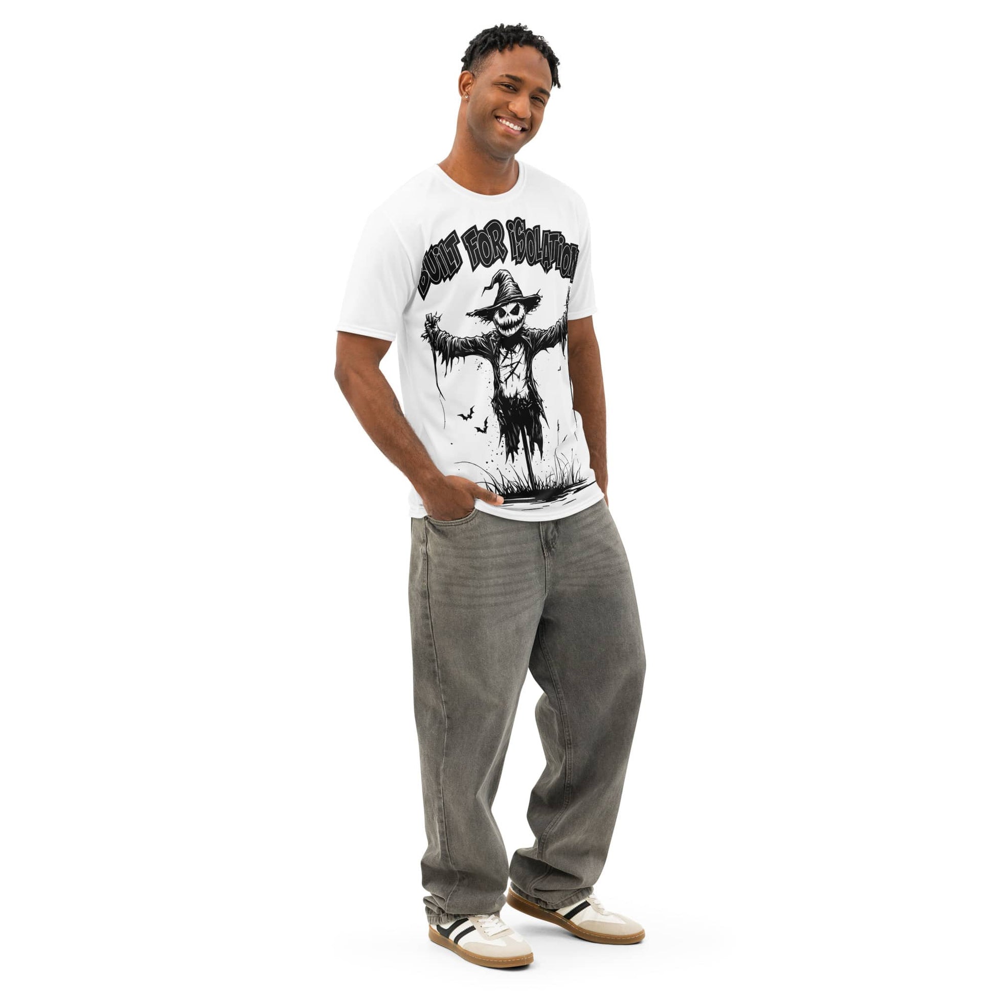 Built for Isolation black and white scarecrow graphic tee by No Crowd Clothing for introverts, loners, and social anxiety streetwear fans....model right