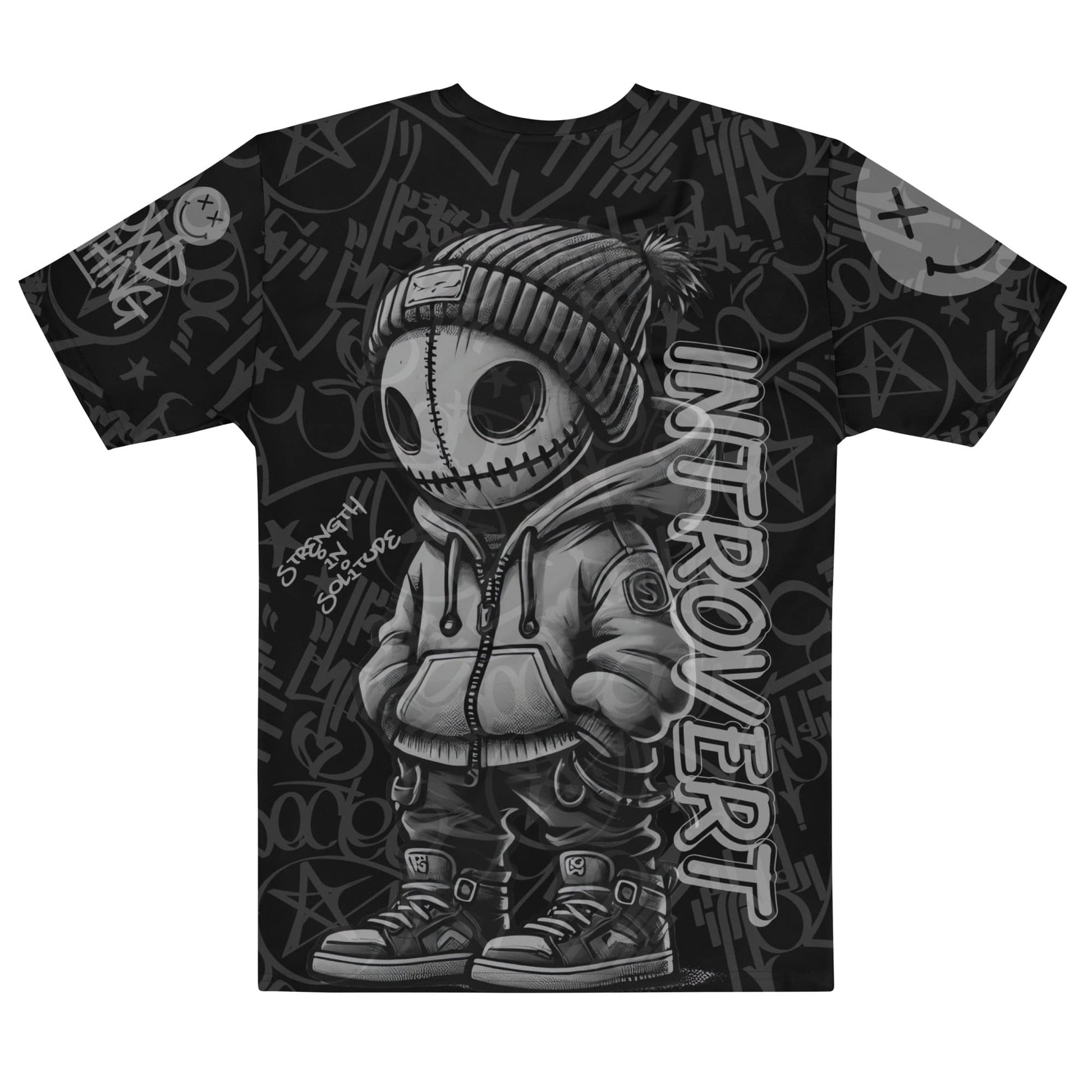 Edgy t-shirt featuring a graffiti-style skull character in a hoodie and beanie, surrounded by empowering phrases and bold "NO CROWD" text design...back