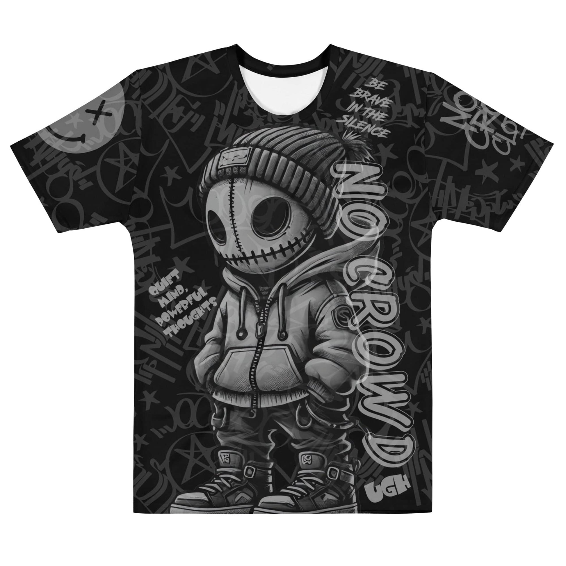 Edgy t-shirt featuring a graffiti-style skull character in a hoodie and beanie, surrounded by empowering phrases and bold "NO CROWD" text design...front