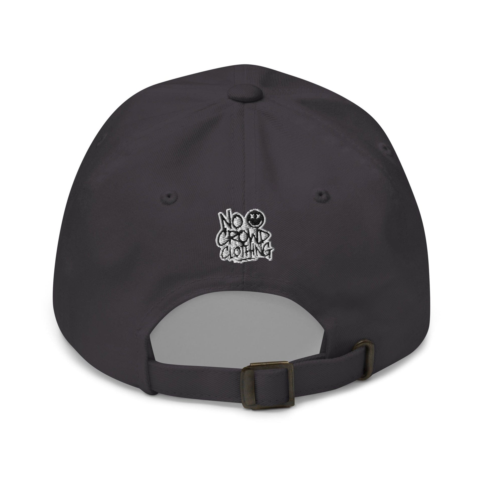 LOWKEY embroidered dad hat by No Crowd Clothing with a relaxed unstructured fit, minimal front text, and washed fabric for a clean, low-profile introvert style.....gray back