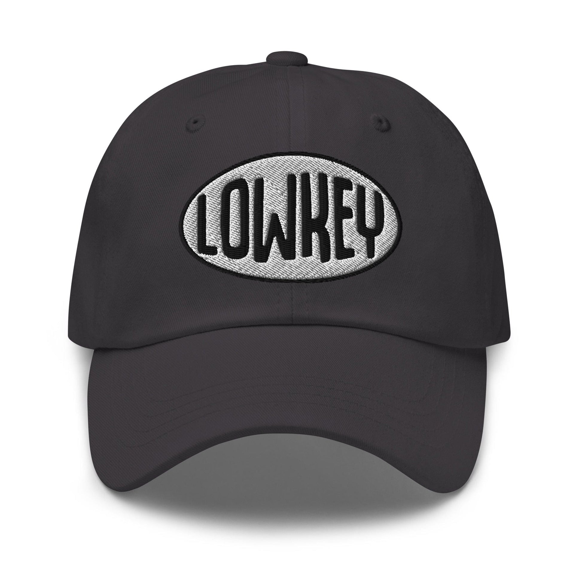 LOWKEY embroidered dad hat by No Crowd Clothing with a relaxed unstructured fit, minimal front text, and washed fabric for a clean, low-profile introvert style....gray front