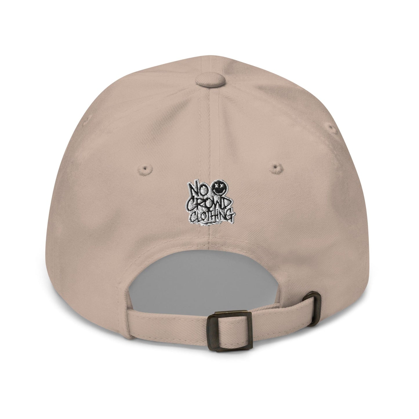 LOWKEY embroidered dad hat by No Crowd Clothing with a relaxed unstructured fit, minimal front text, and washed fabric for a clean, low-profile introvert style....tan back
