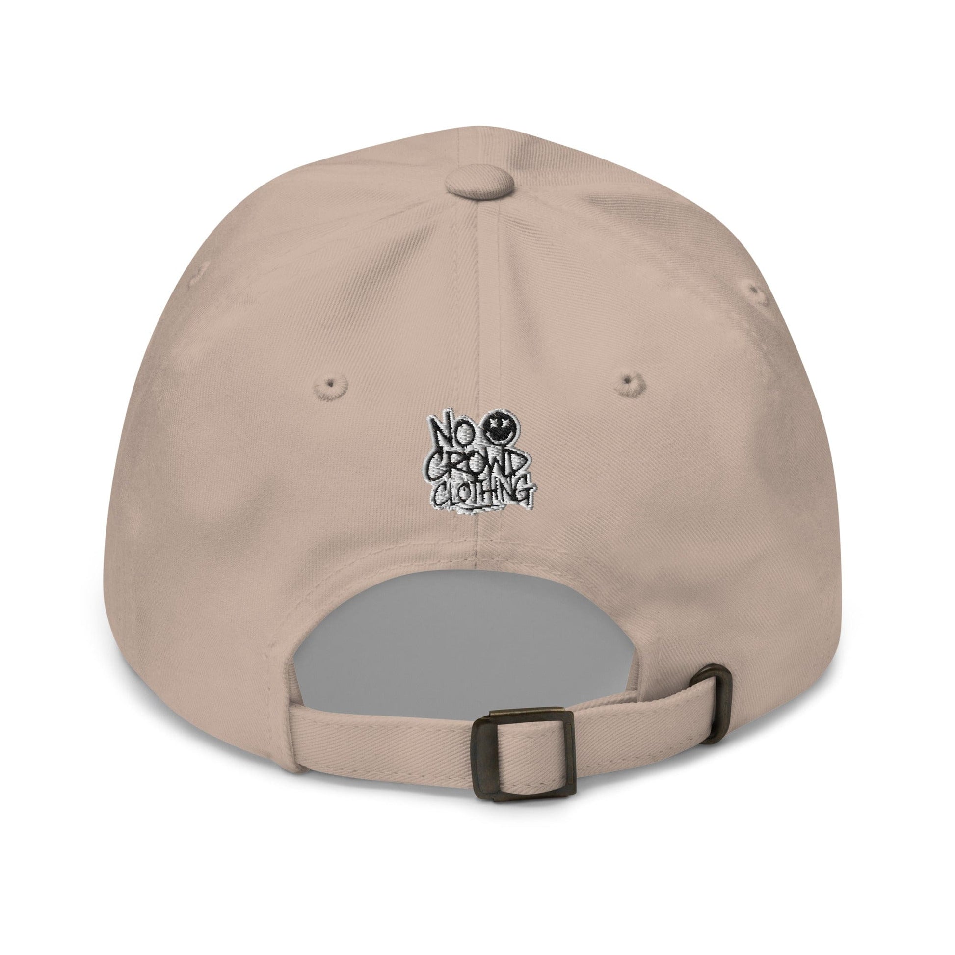 LOWKEY embroidered dad hat by No Crowd Clothing with a relaxed unstructured fit, minimal front text, and washed fabric for a clean, low-profile introvert style....tan back