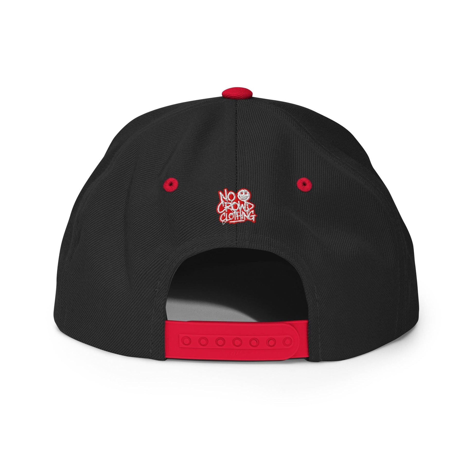 Black and red snapback hat with bold white and red embroidered “Stop Talking” text on the front, flat red brim, and structured crown, shown on a black background....back