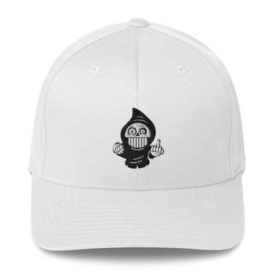 Detailed embroidery of dark humor character graphic on an introvert dad hat