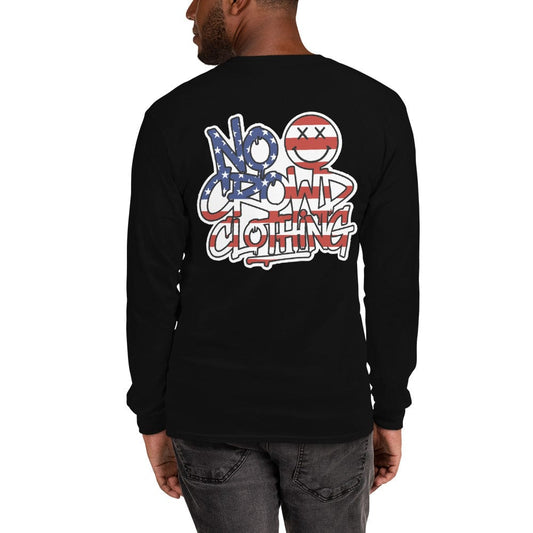 No Crowd Clothing Stars & Stripes Graffiti logo on the back of an olive green unisex t-shirt with crossed-eyes smile icon....black model back