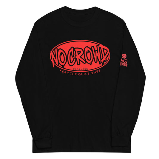 Black No Crowd Clothing shirt with bold red graffiti-style logo and slogan ‘Fear the Quiet Ones’ printed on the chest..front