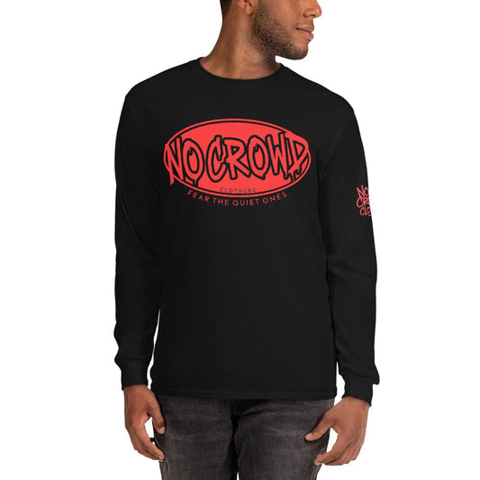 Black No Crowd Clothing shirt with bold red graffiti-style logo and slogan ‘Fear the Quiet Ones’ printed on the chest..model front