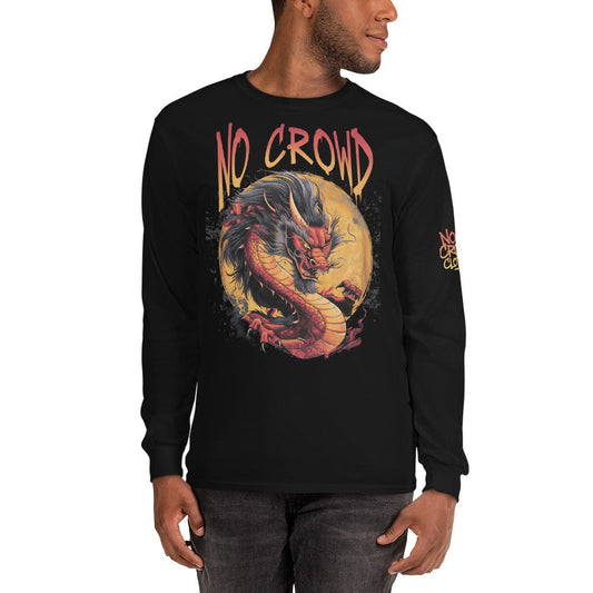 Close-up of Fury Design dragon artwork in bold red and gold on black streetwear t-shirt....front model