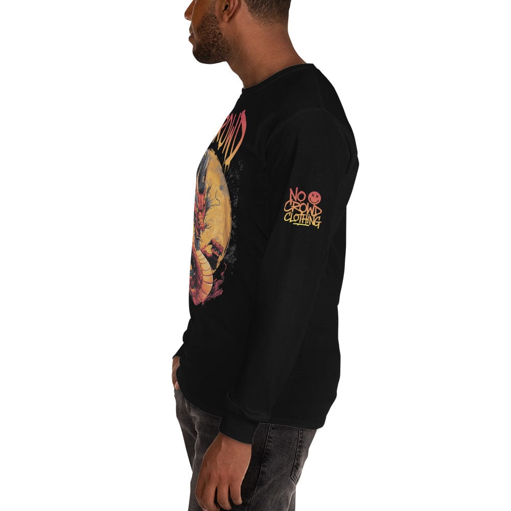 Close-up of Fury Design dragon artwork in bold red and gold on black streetwear t-shirt.....sleeve