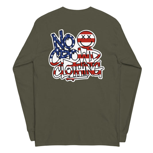 No Crowd Clothing Stars & Stripes Graffiti logo on the back of an olive green unisex t-shirt with crossed-eyes smile icon...green back