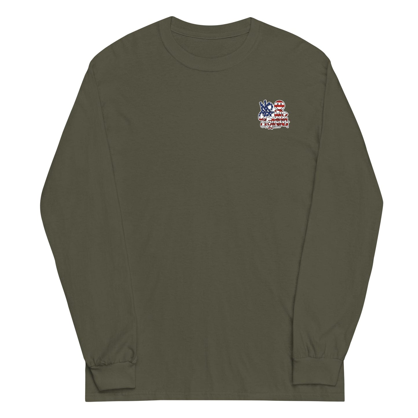No Crowd Clothing Stars & Stripes Graffiti logo on the back of an olive green unisex t-shirt with crossed-eyes smile icon...green front