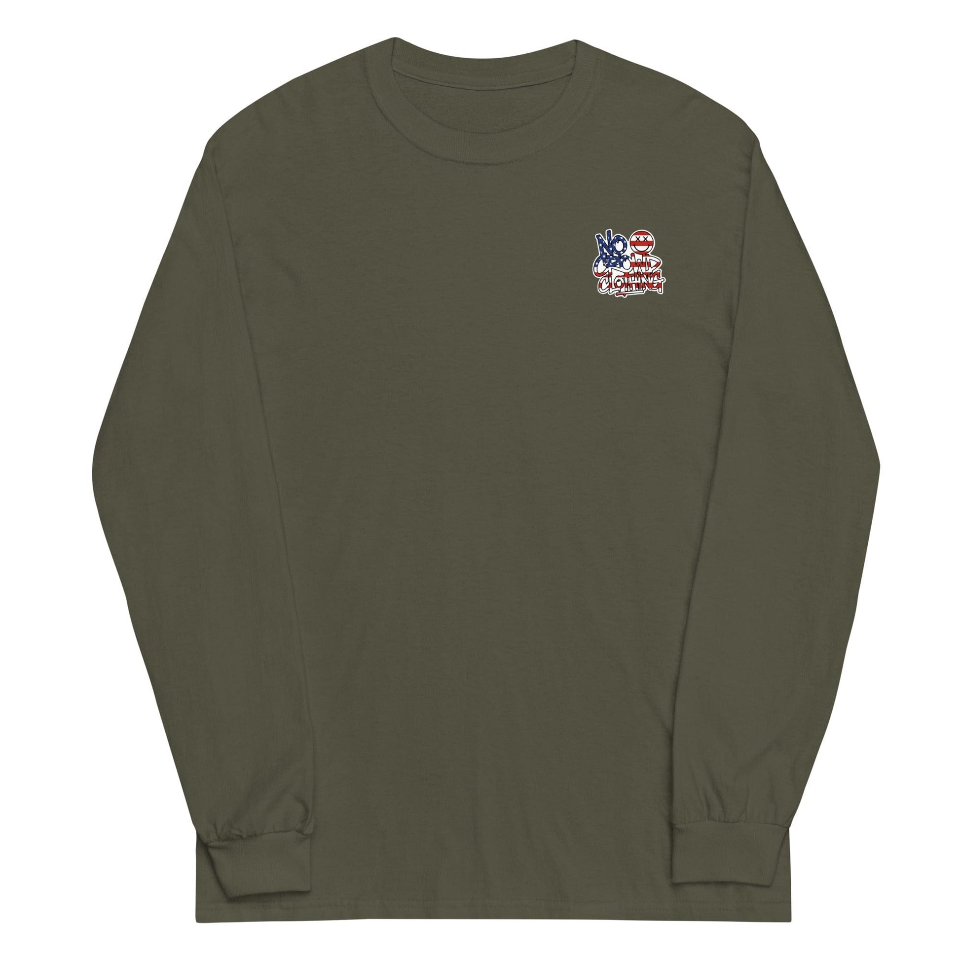 No Crowd Clothing Stars & Stripes Graffiti logo on the back of an olive green unisex t-shirt with crossed-eyes smile icon...green front