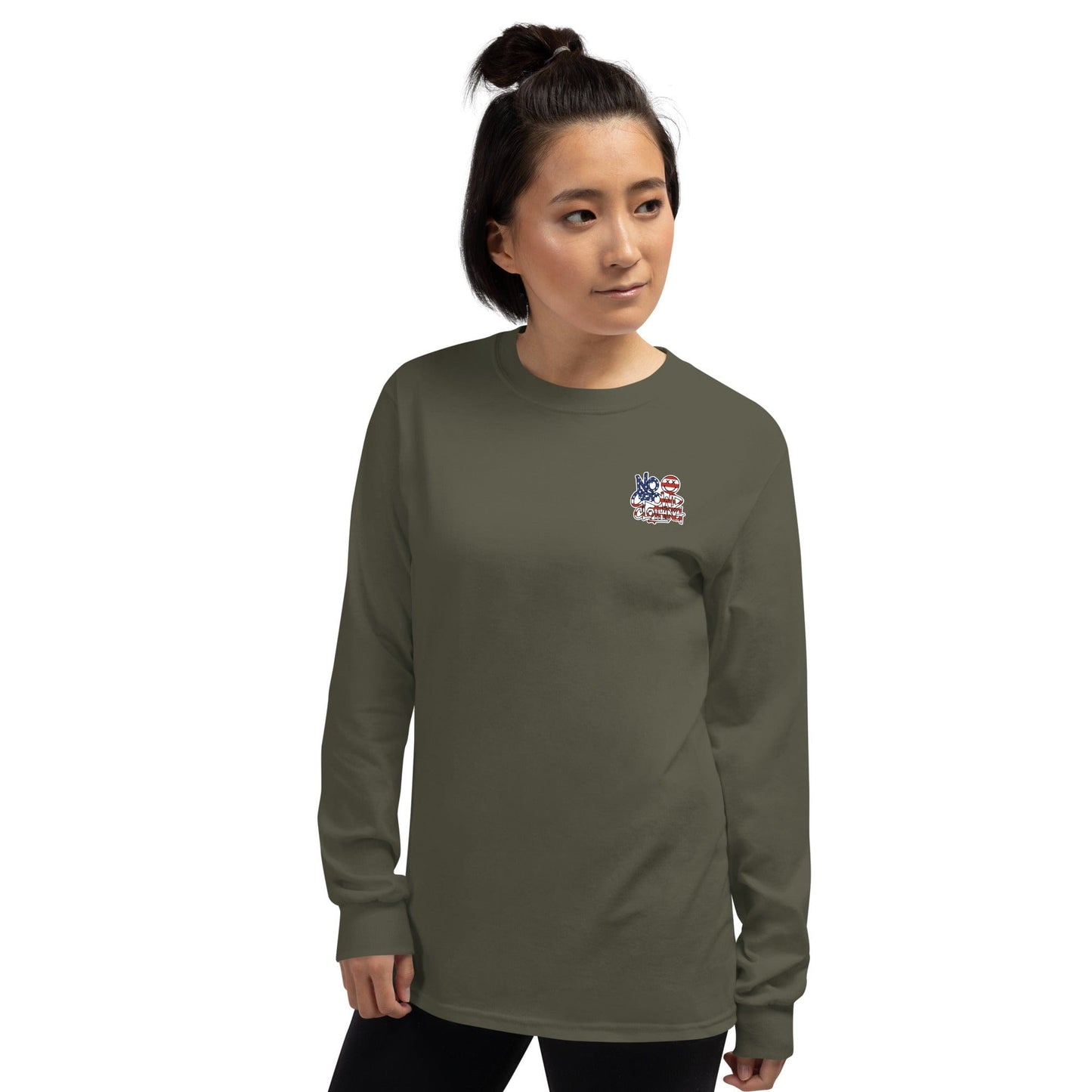 No Crowd Clothing Stars & Stripes Graffiti logo on the back of an olive green unisex t-shirt with crossed-eyes smile icon...green model front