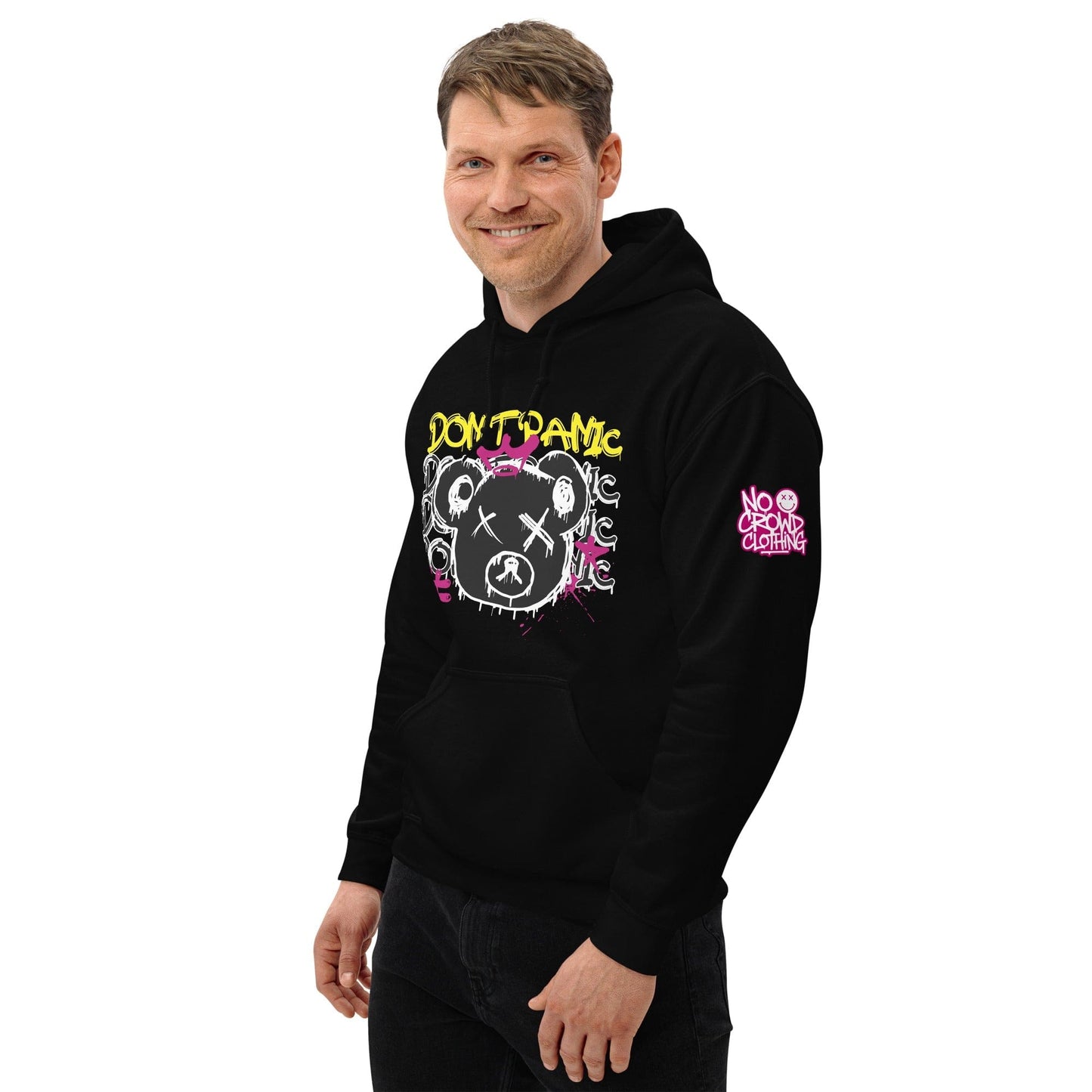 Comfortable 'Don't Panic' hoodie with a playful design and calming message. Perfect for easing social anxiety, it encourages you to smile, breathe, and face the day with confidence, knowing everything will be okay....left