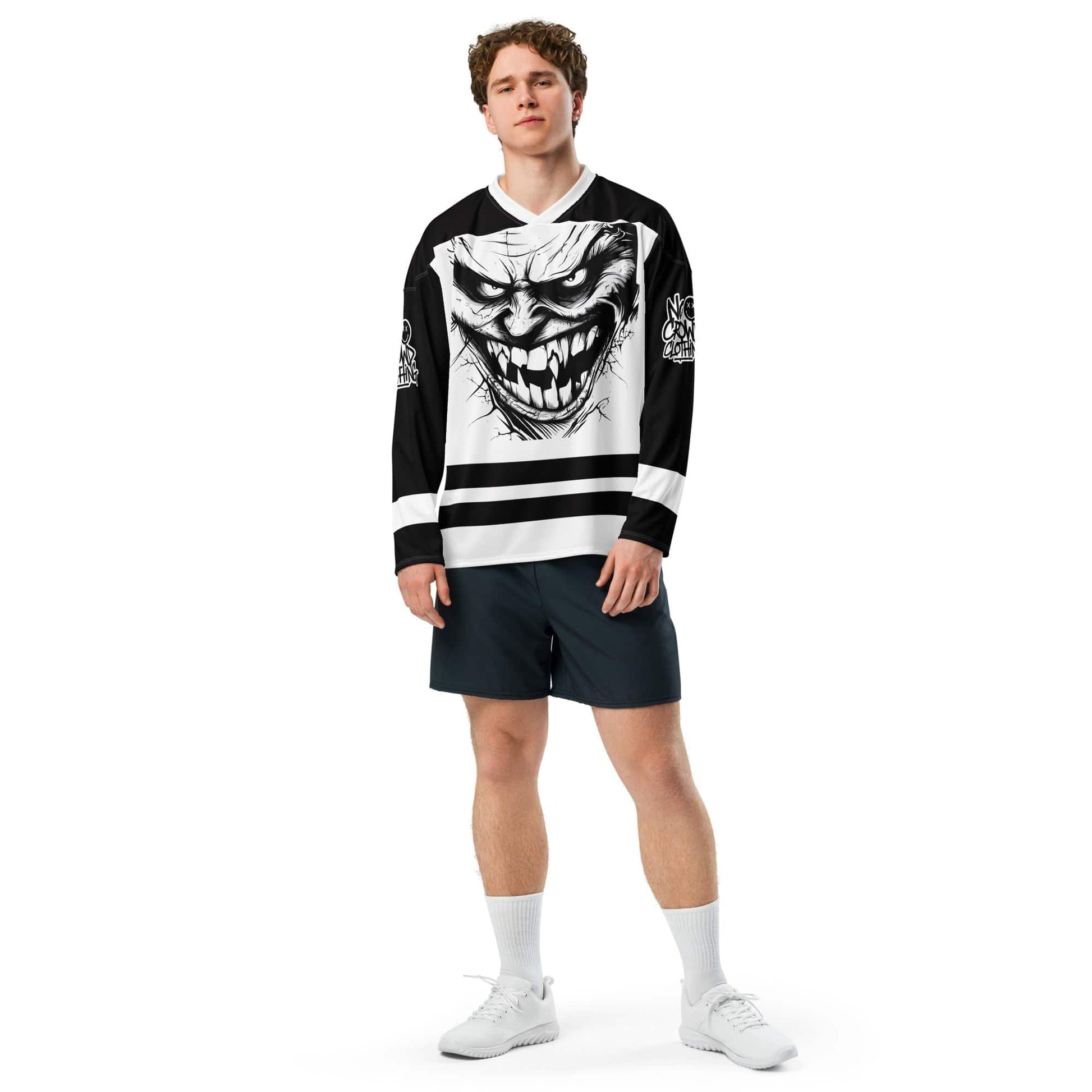 Bold hockey jersey featuring intense, edgy graphics. A symbol of embracing inner chaos and controlling it with strength and determination...model front