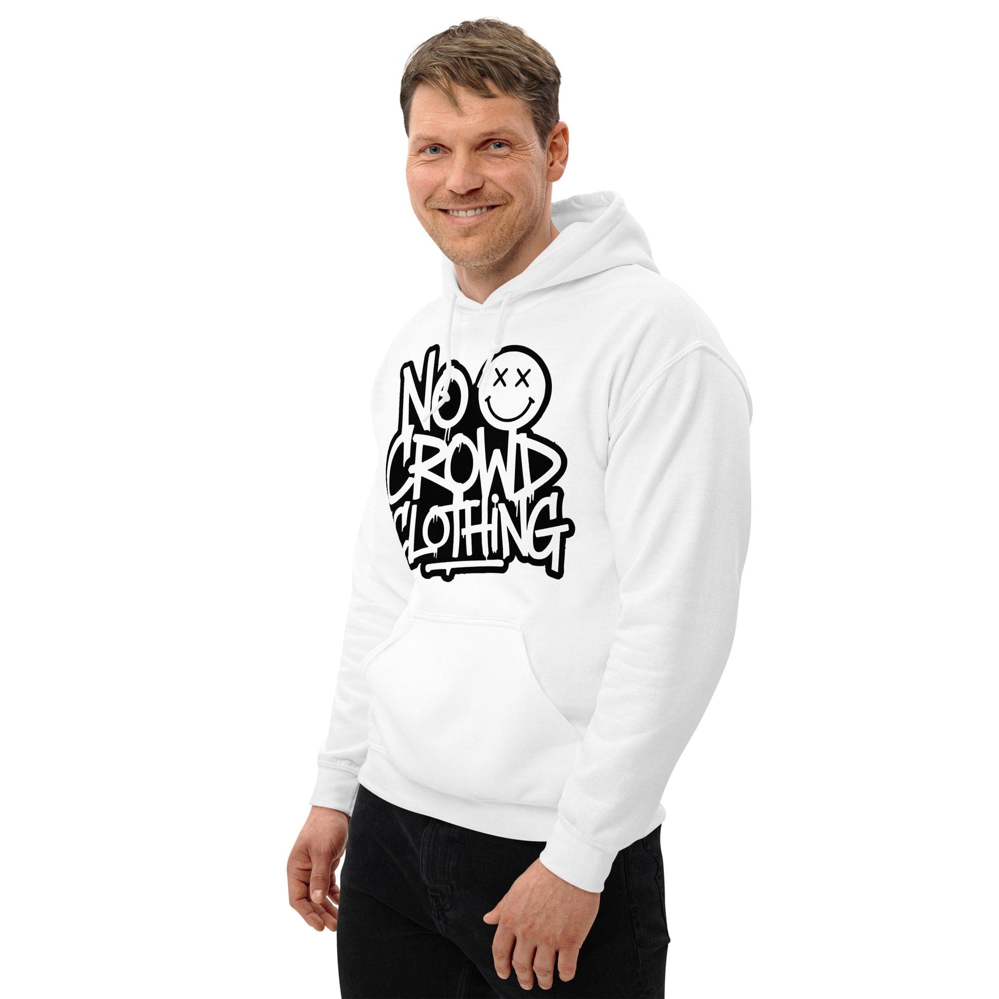 No Crowd Clothing’s white logo hoodie combines comfort, style, and humor. Perfect for promoting self-care and confidence, it helps ease social anxiety by turning anxious moments into lighthearted expressions...left