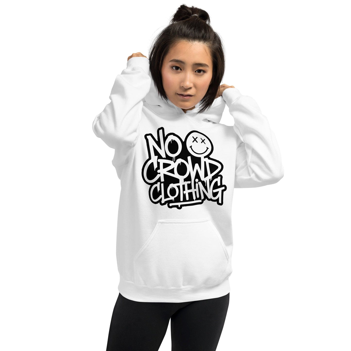 No Crowd Clothing’s white logo hoodie combines comfort, style, and humor. Perfect for promoting self-care and confidence, it helps ease social anxiety by turning anxious moments into lighthearted expressions...right