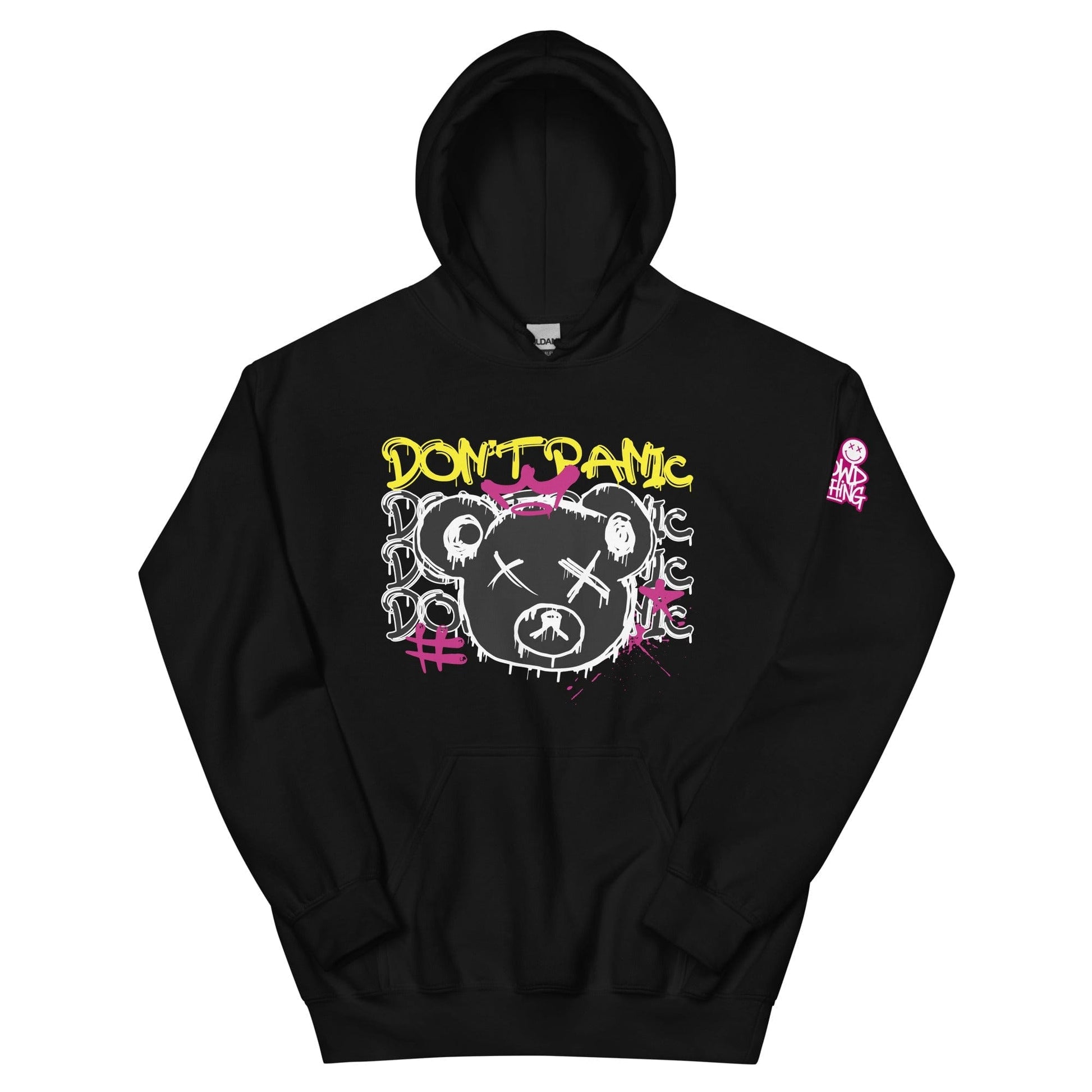 Comfortable 'Don't Panic' hoodie with a playful design and calming message. Perfect for easing social anxiety, it encourages you to smile, breathe, and face the day with confidence, knowing everything will be okay....front.