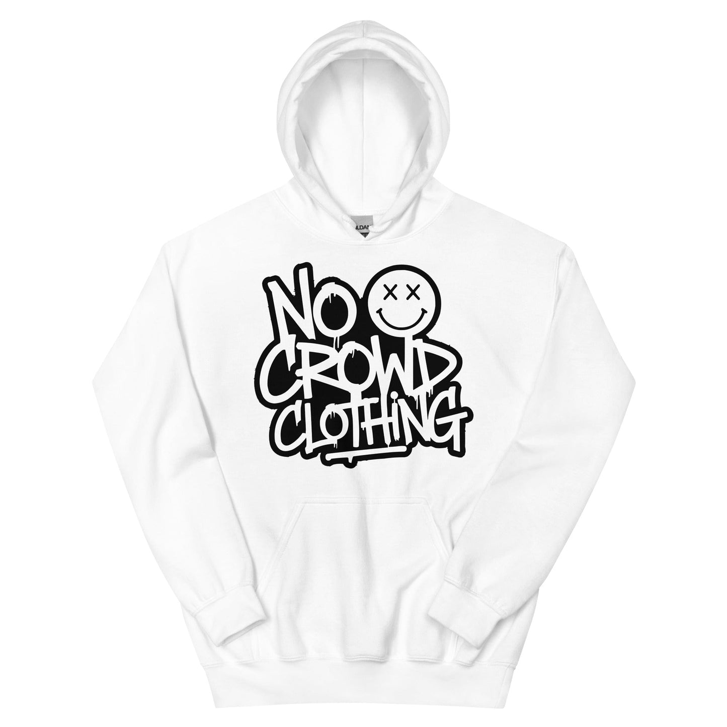 No Crowd Clothing’s white logo hoodie combines comfort, style, and humor. Perfect for promoting self-care and confidence, it helps ease social anxiety by turning anxious moments into lighthearted expressions....front