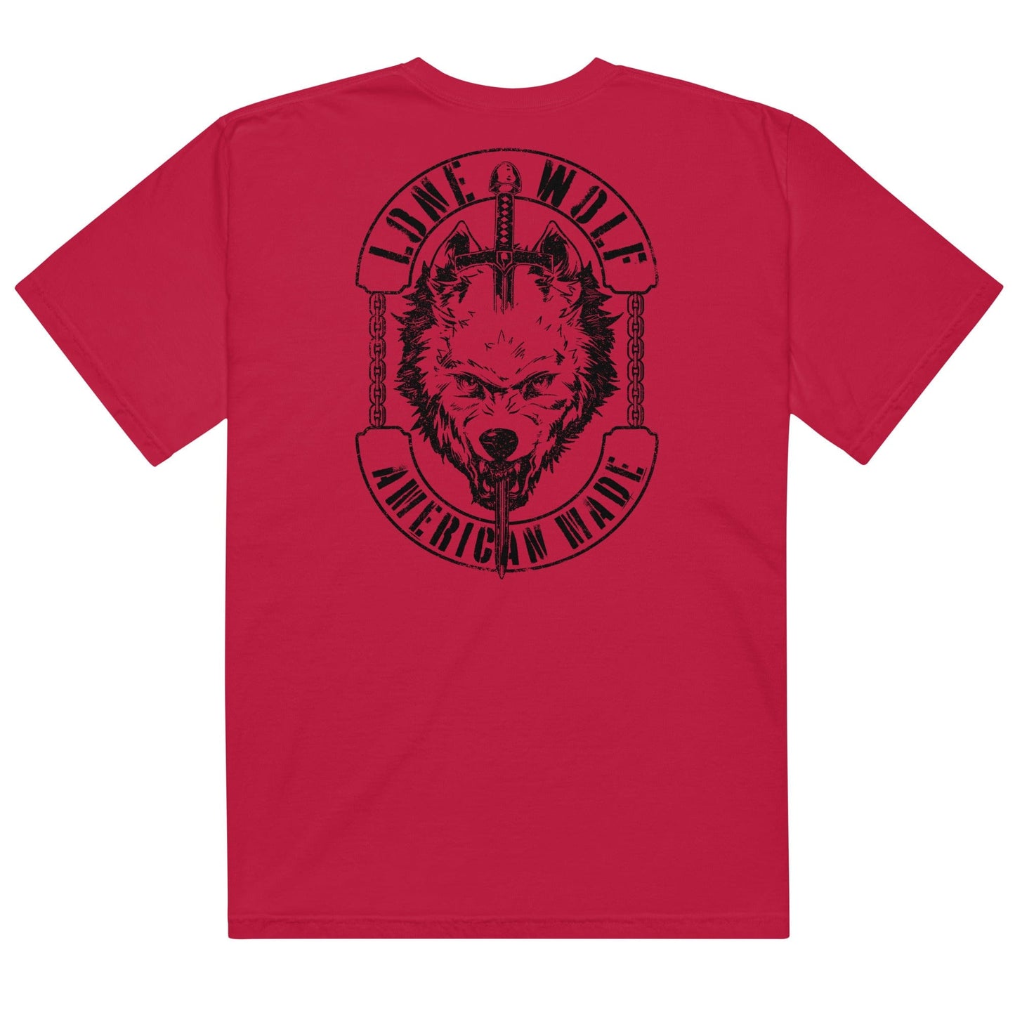 Lone Wolf American Made introvert clothing graphic t-shirt with wolf and sword design on red tee