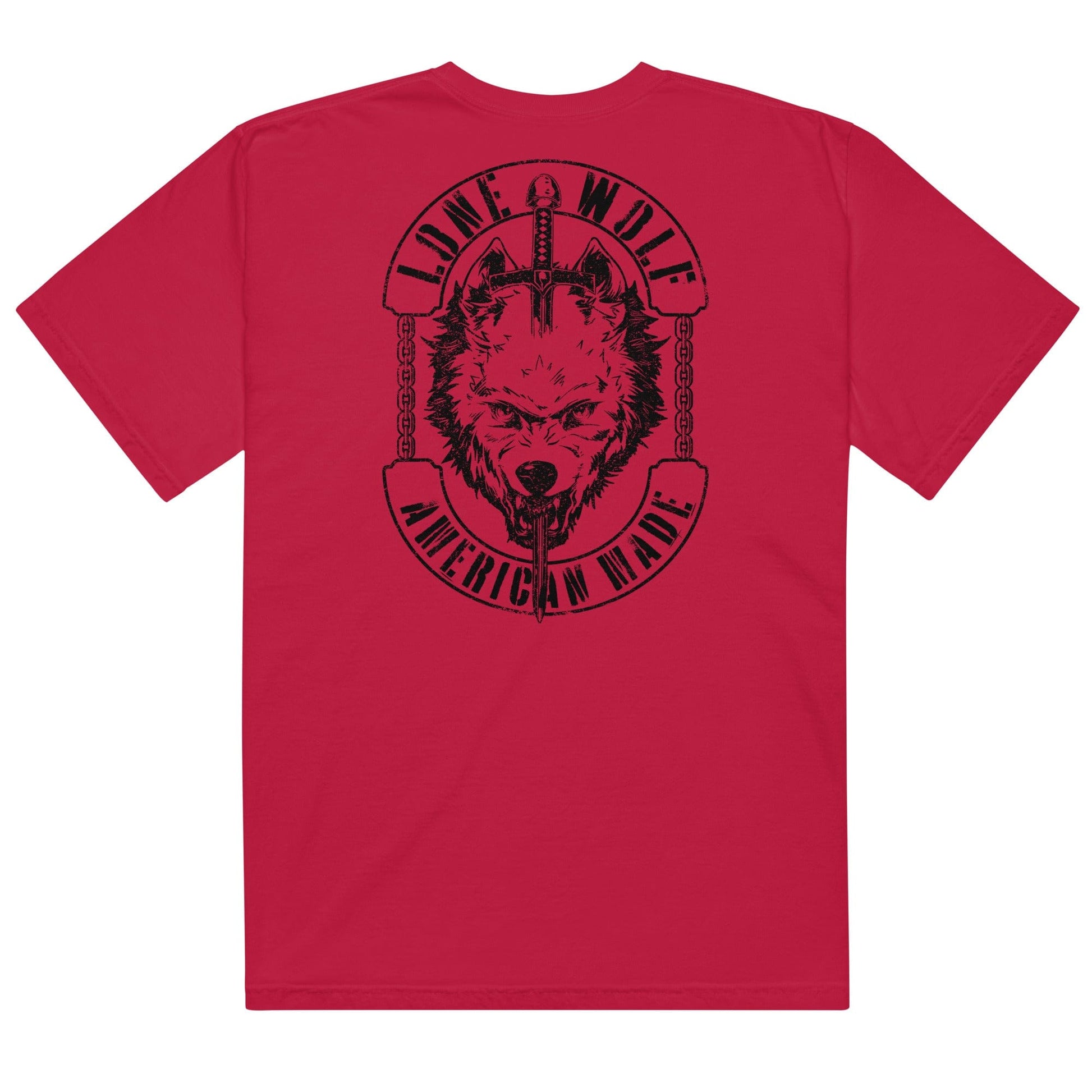 Lone Wolf American Made introvert clothing graphic t-shirt with wolf and sword design on red tee