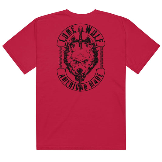 Lone Wolf American Made introvert clothing graphic t-shirt with wolf and sword design on red tee