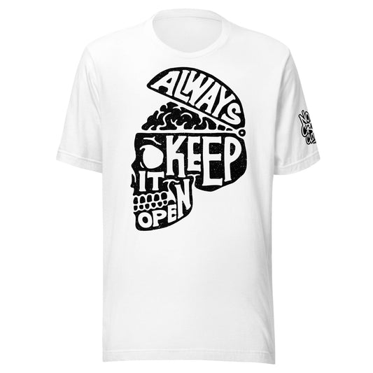 No Crowd Clothing's 'Always Keep It Open' t-shirt offers cozy comfort and a humorous take on social anxiety, designed for those who value personal space. Soft cotton fabric with a minimalist, playful design...front