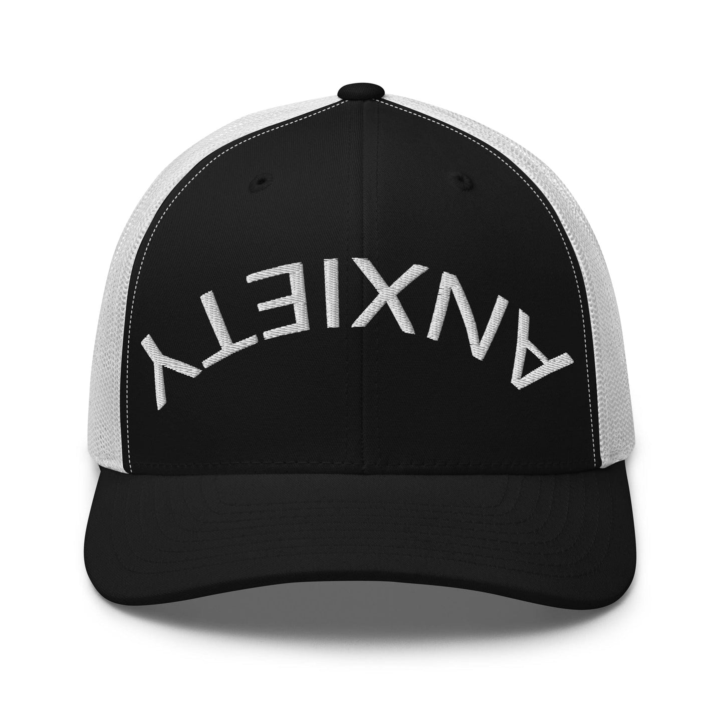 No Crowd Clothing's 'Upside Down Anxiety' hat features the word 'ANXIETY' upside down, symbolizing the chaos of anxiety. A reminder that with humor and strength, you can flip those overwhelming feelings right side up..black and white